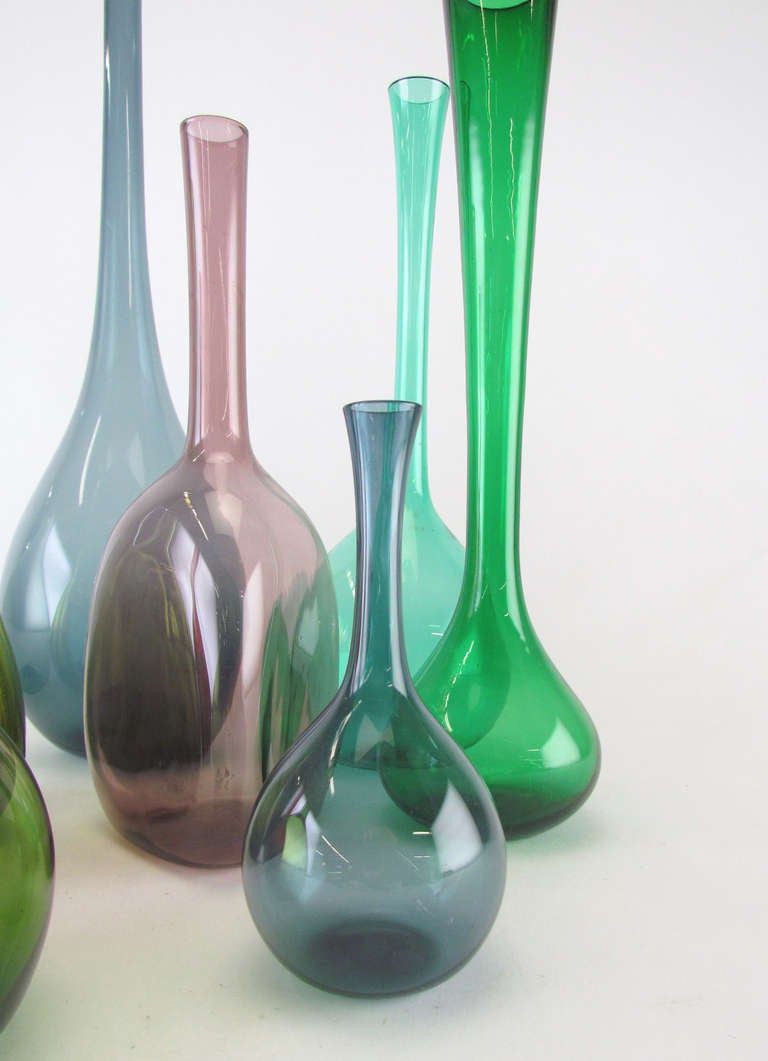 Mid-20th Century Grouping of Nine Hand Blown Swedish Art Glass Vases circa 1960s