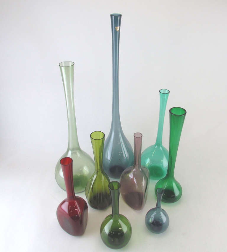 Scandinavian Modern Grouping of Nine Hand Blown Swedish Art Glass Vases circa 1960s