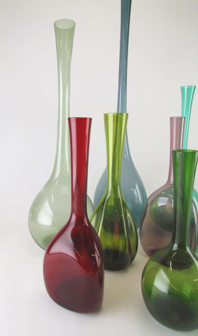 Grouping of Nine Hand Blown Swedish Art Glass Vases circa 1960s In Excellent Condition In Peabody, MA