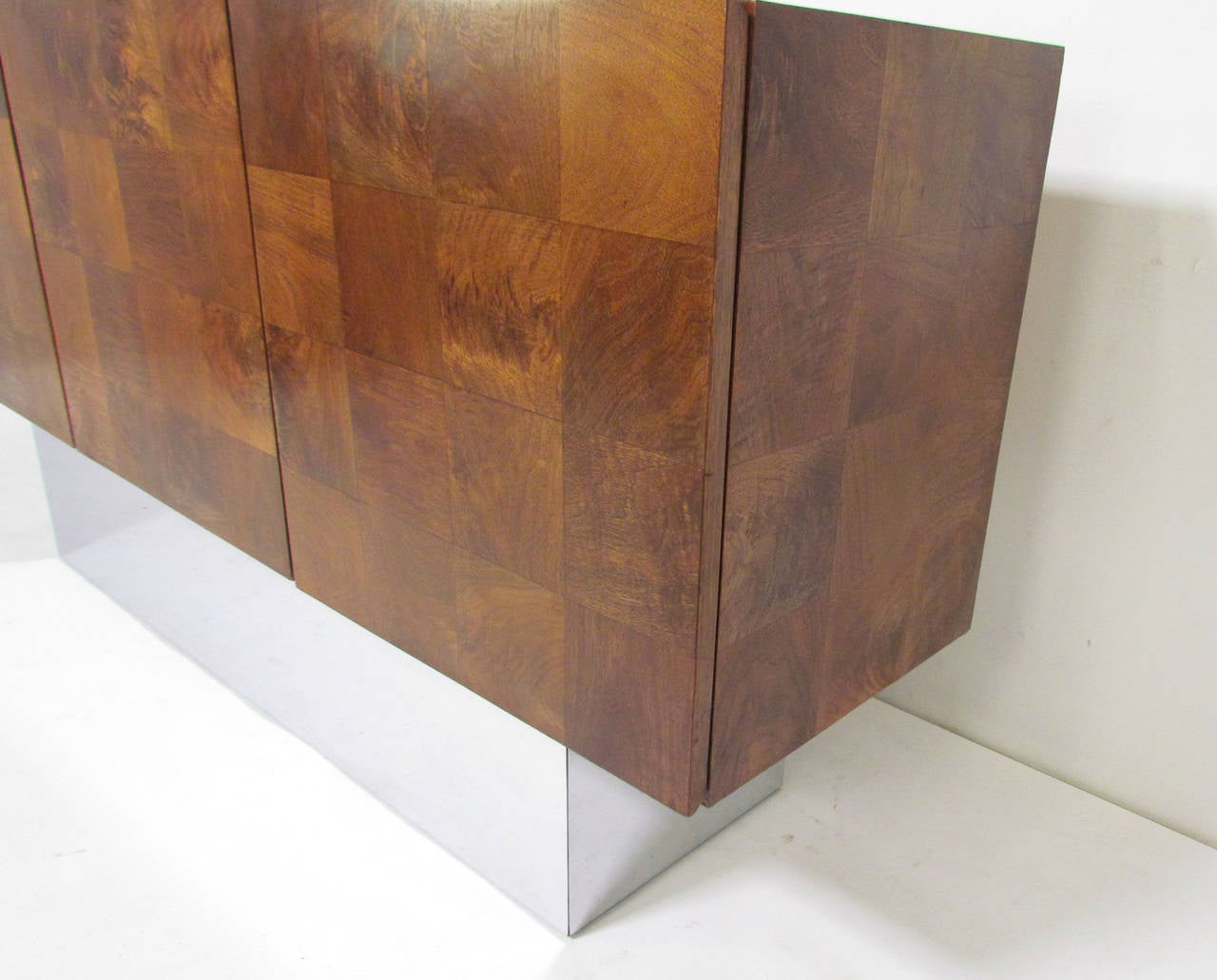 Late 20th Century Patchwork Walnut Burl and Mirrored Chrome Credenza by Milo Baughman