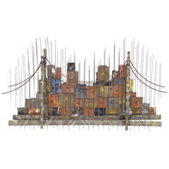 Brutalist Metalwork Cityscape & Bridge Wall Sculpture in style of Curtis Jere 5