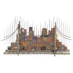 Brutalist Metalwork Cityscape & Bridge Wall Sculpture in style of Curtis Jere