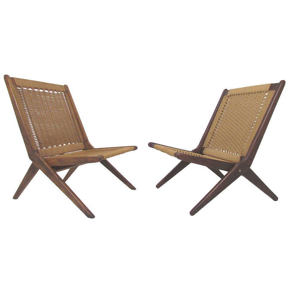 Pair of Mid-Century Modern Rope Folding Scissor Lounge Chairs ca. 1960s