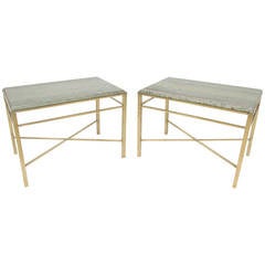 Pair of X-Form End Tables in Brass and Marble in Manner of Paul McCobb