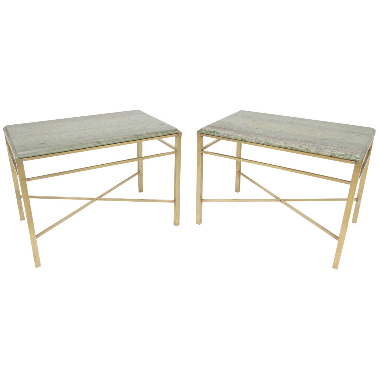 Pair of X-Form End Tables in Brass and Marble in Manner of Paul McCobb