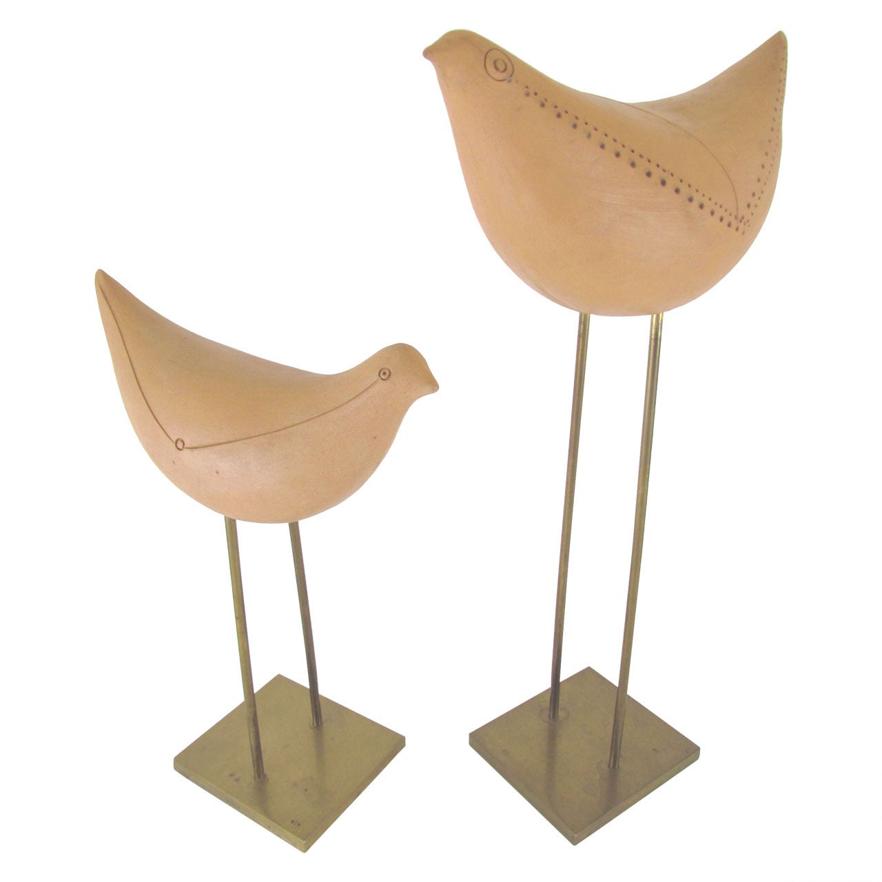 Pair of Birds on Brass Stands by Aldo Londi for Bitossi