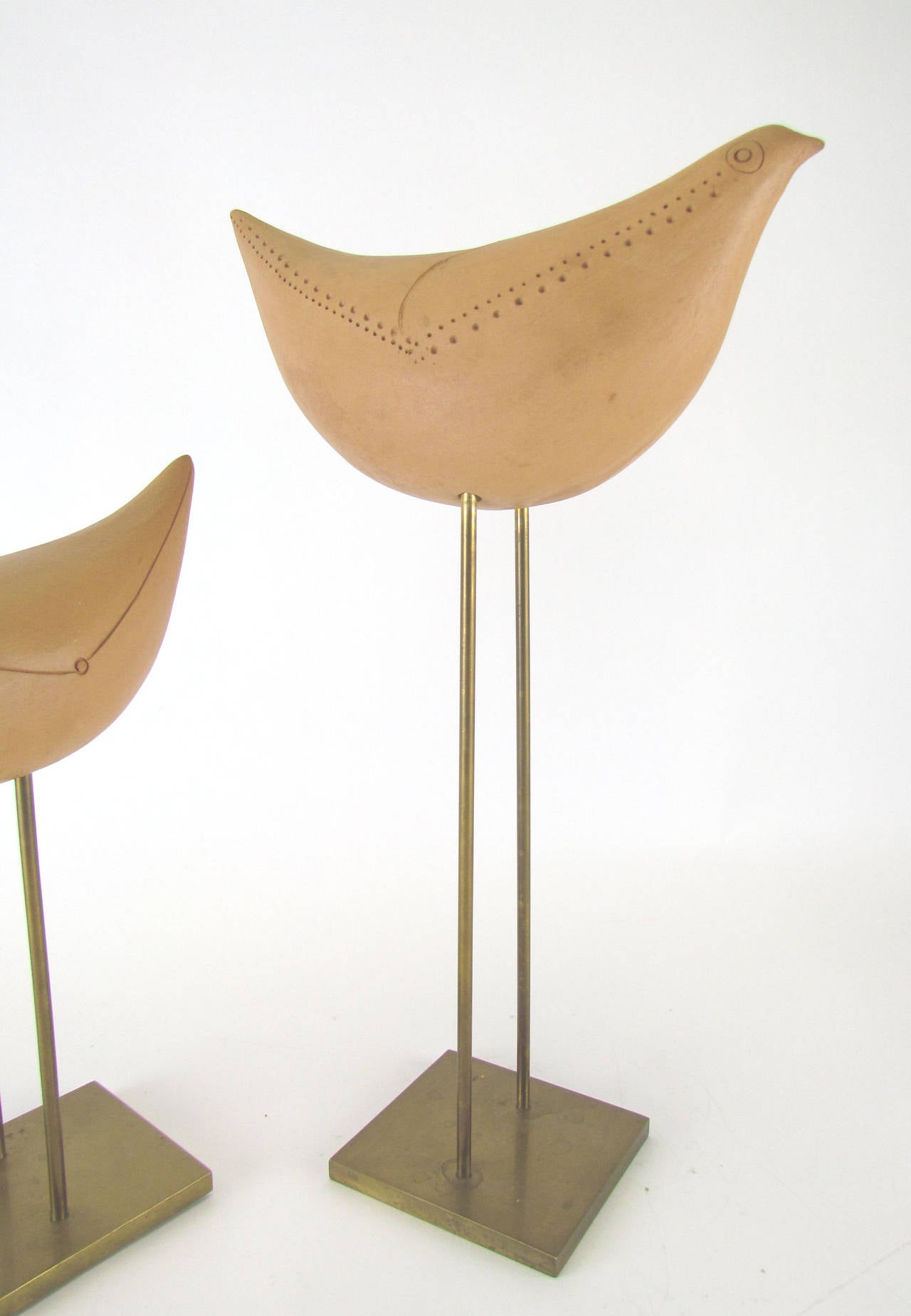 Mid-Century Modern Pair of Birds on Brass Stands by Aldo Londi for Bitossi