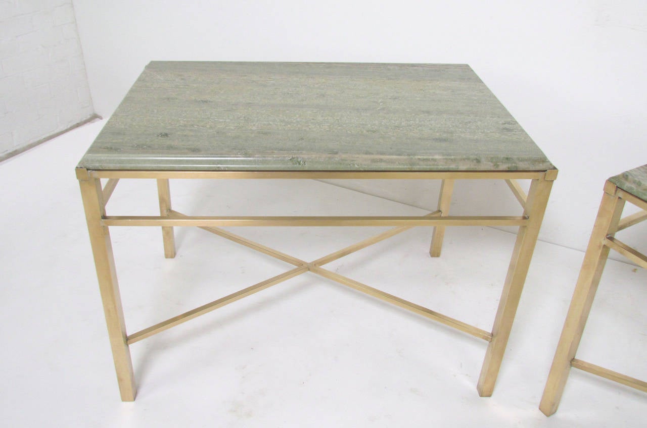 Mid-Century Modern Pair of X-Form End Tables in Brass and Marble in Manner of Paul McCobb