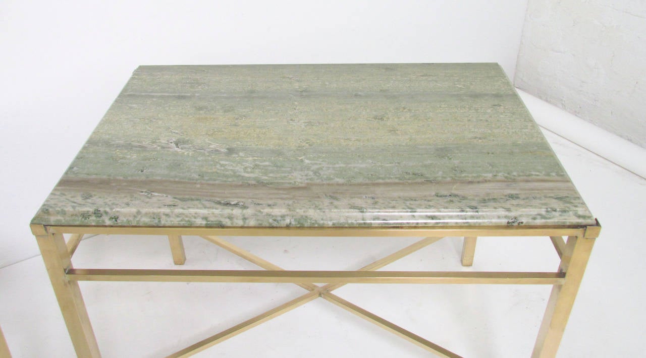 American Pair of X-Form End Tables in Brass and Marble in Manner of Paul McCobb