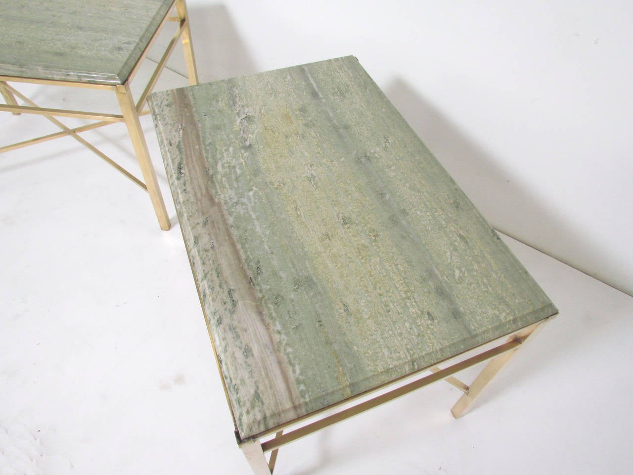 Pair of X-Form End Tables in Brass and Marble in Manner of Paul McCobb 1