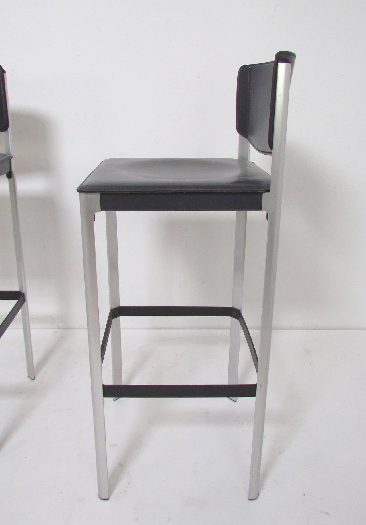 Brushed Set of Three Italian Leather Bar Stools by Matteograssi
