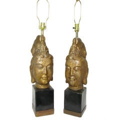 Pair of Hollywood Regency Style Buddha Head Lamps, ca. 1950s