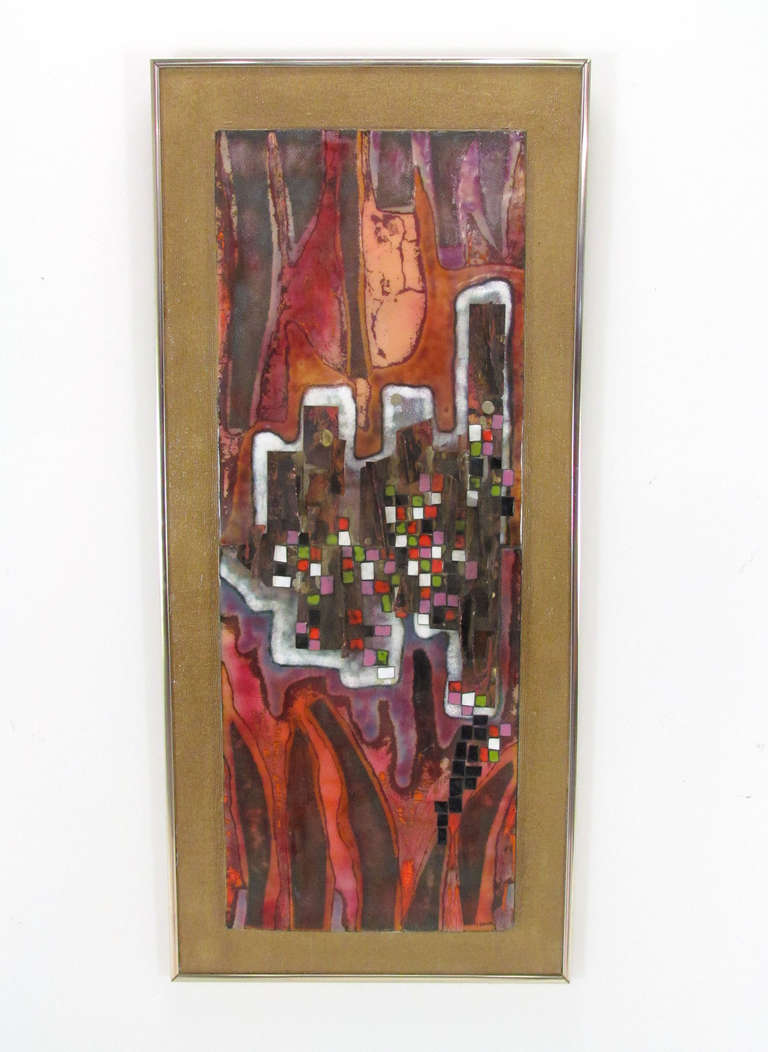 Abstract Expressionist enamel on copper artwork by noted artist Judith Daner, known primarily for her figurative works.  An usual feature of this painterly piece is the three dimensional effect of protruding copper panels, which lends an almost