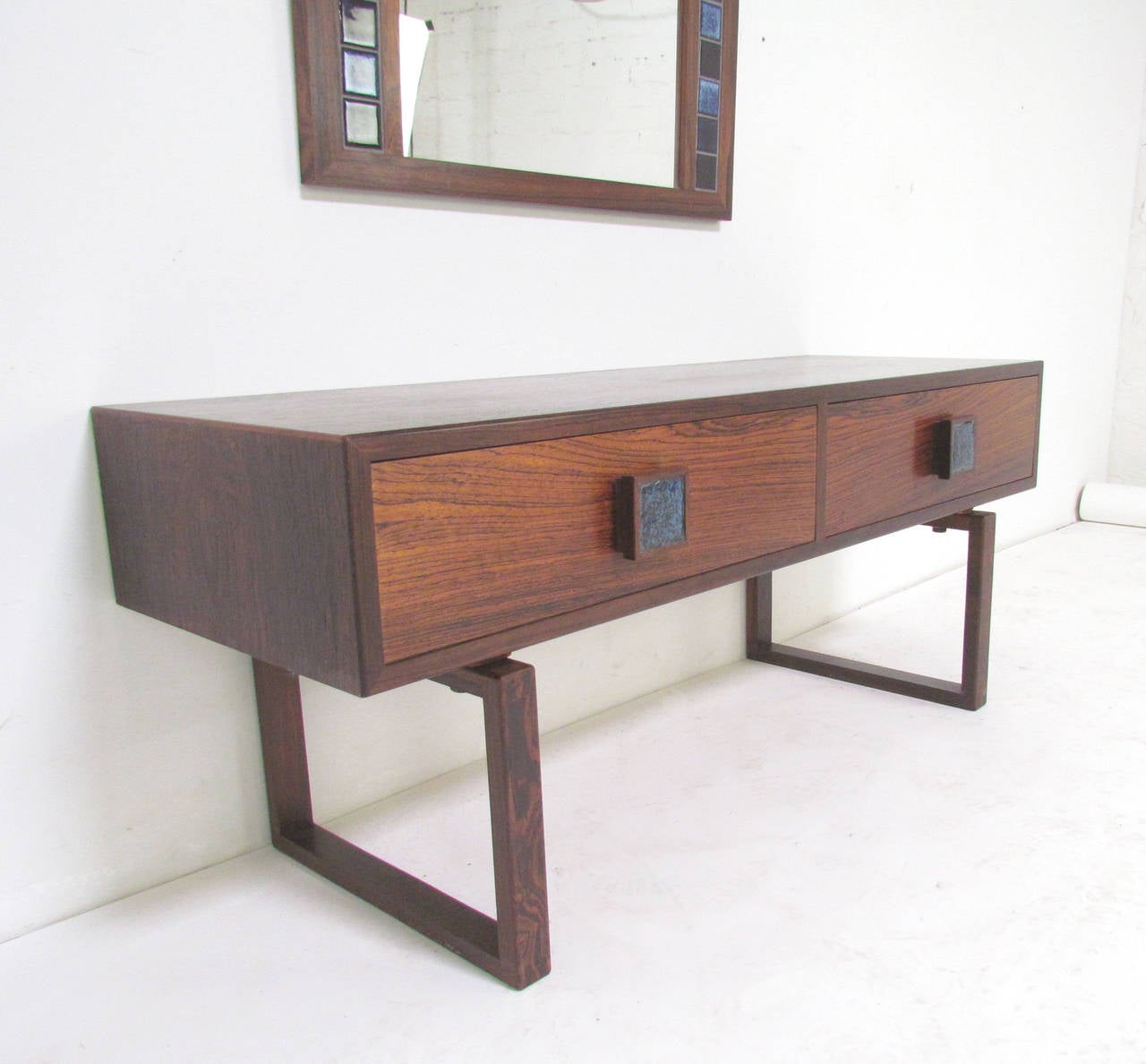 Scandinavian Modern Danish Rosewood Low Chest and Tiled Mirror
