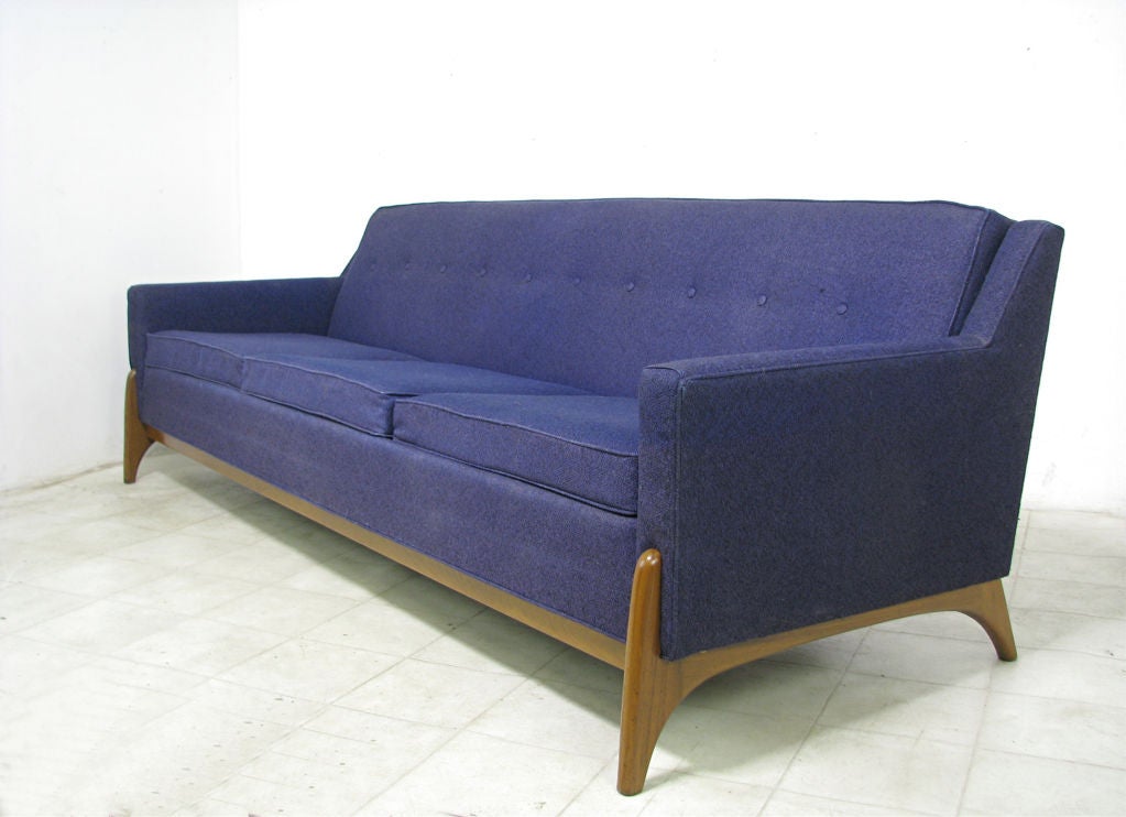 Mid-Century Modern Four Seat Sofa With Sculptural Walnut Legs