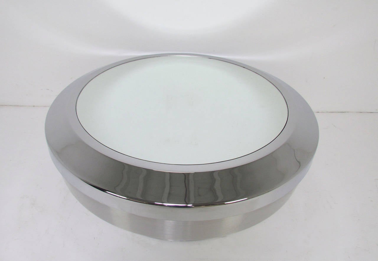Mid-Century Modern Modernist Space Age Coffee Table in Spun Aluminum, Chromed Steel and Mirror