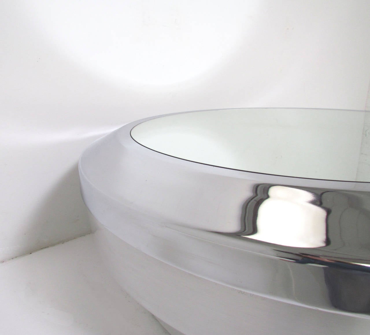 American Modernist Space Age Coffee Table in Spun Aluminum, Chromed Steel and Mirror