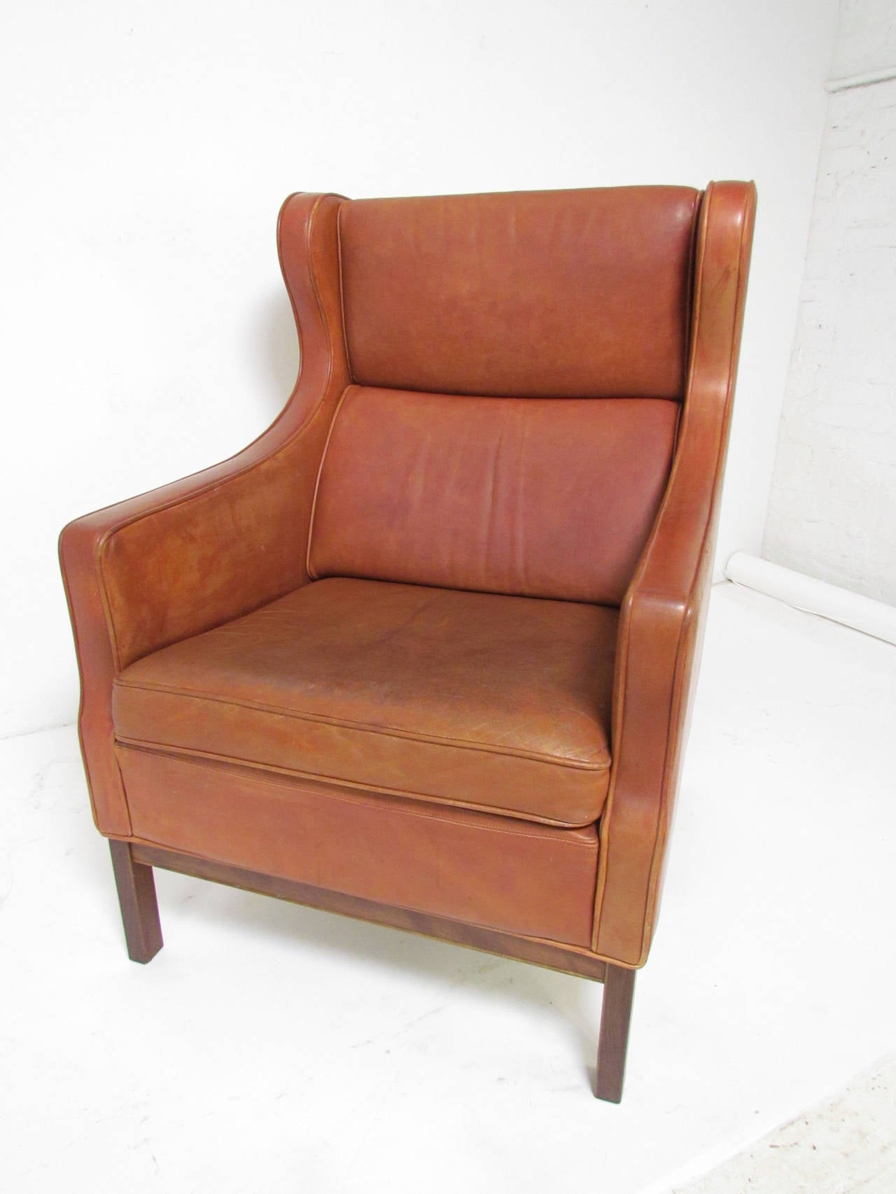 Danish Wingback Leather Lounge Chair in the Manner of Børge Mogensen In Good Condition In Peabody, MA