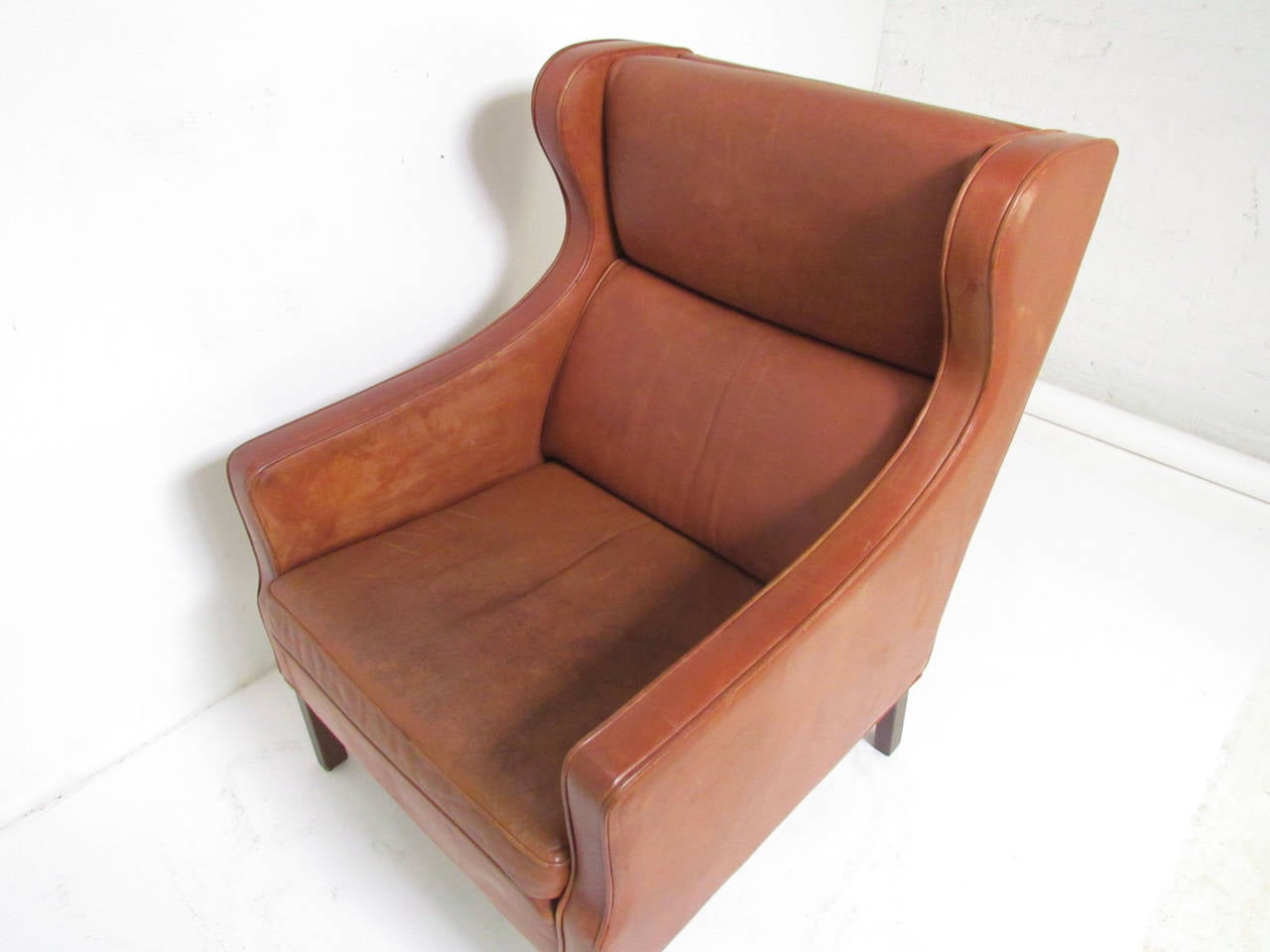 Rosewood Danish Wingback Leather Lounge Chair in the Manner of Børge Mogensen