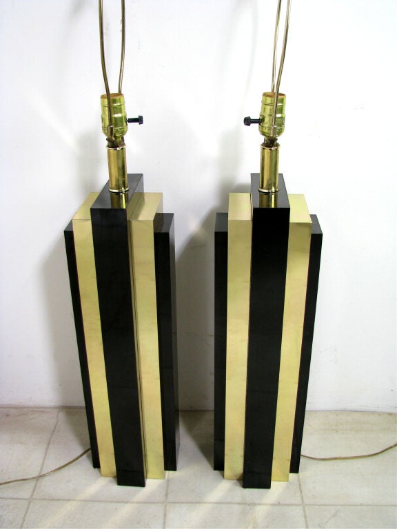 Pair of deco inspired skyscraper table lamps ca. 1970s.  Height to socket 25 1/2