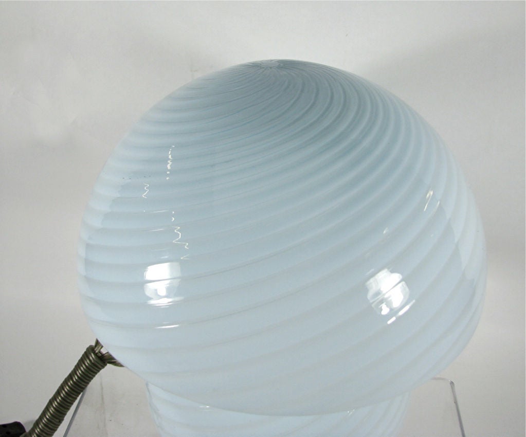 Murano Glass Mushroom Lamp with blue tint by Venini, made in Italy, ca. 1980s.   The lower the bulb wattage, the more blue that shows through when lit.