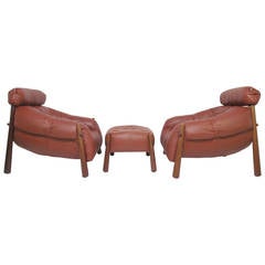 Brazilian Pair of Leather and Jacaranda Lounge Chairs and Ottoman by Lafer