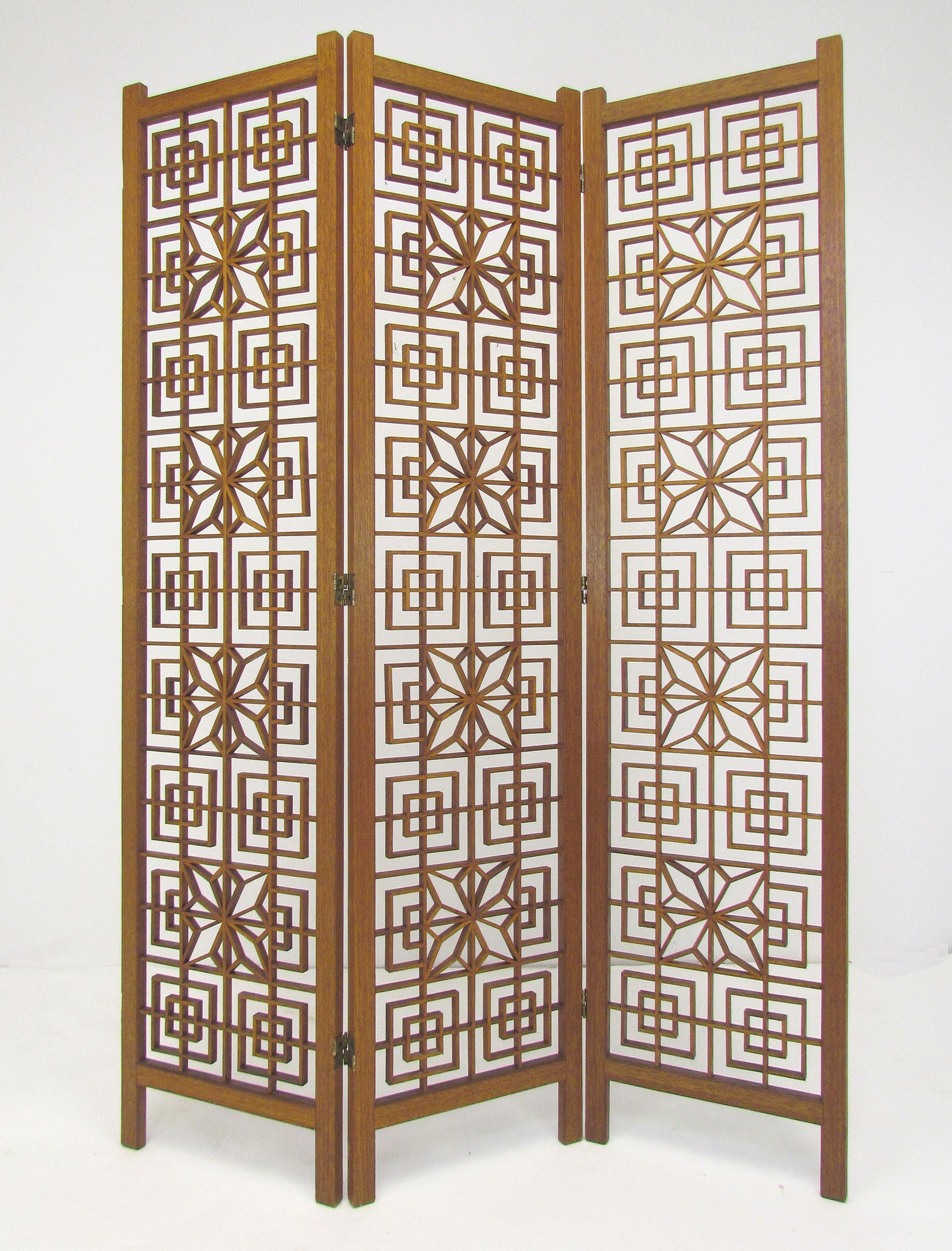 Mid-Century Teak Fretwork Three Panel Screen Room Divider