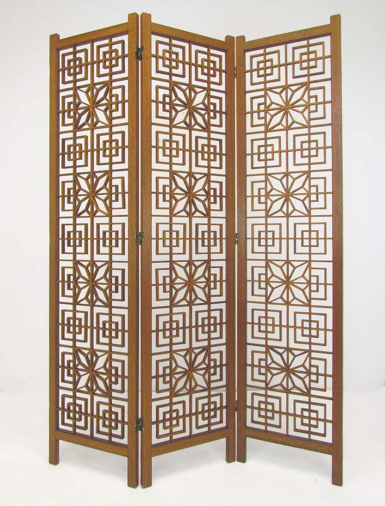 Mid-Century modern teak fretwork room divider screen, ca. 1960s.  Six feet high, 1