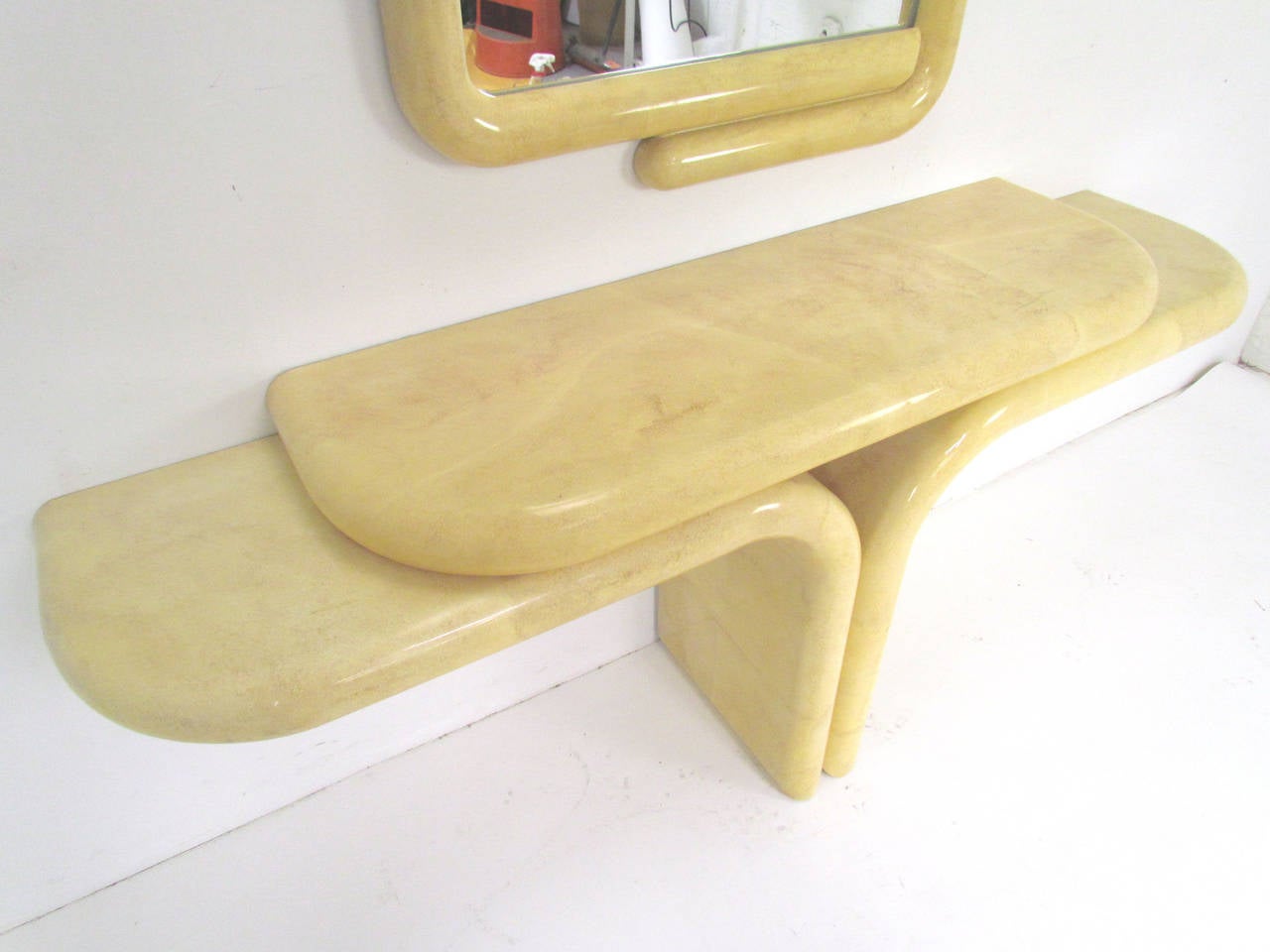Mid-Century Modern Sculptural Wall Mount Console Table and Mirror in Manner of Karl Springer