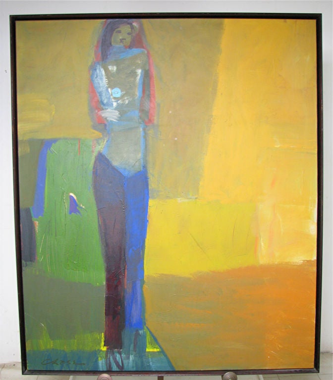 Large abstract figural painting, acrylic on canvas, by noted Santa Fe artist Jamie Chase.   Canvas 48