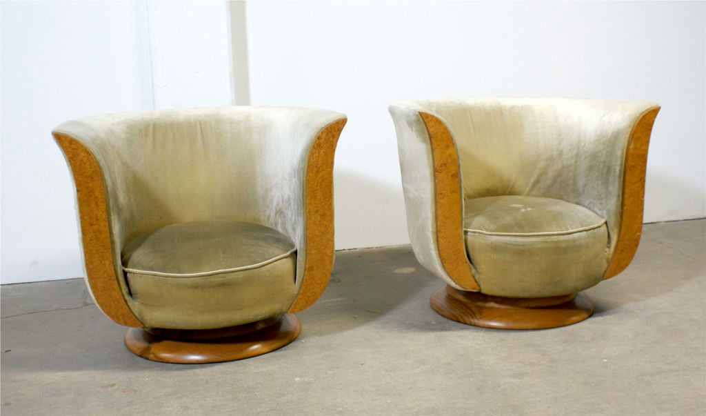 Pair of Art Deco lounge chairs in original velvet and burl wood. Tag on bases reads “HOTEL LE MALANDRE MODELE DEPOSE”.