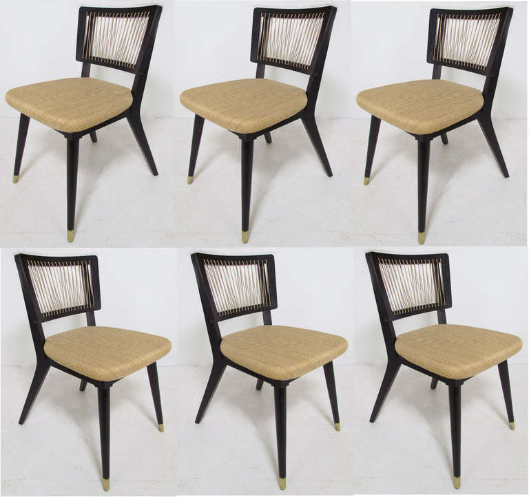 Elegant set of six Mid-Century modern dining chars with string backs and ebonized frames, designed by John Keal for Brown-Saltman. Excellent example of the Italian influence on American design during 
