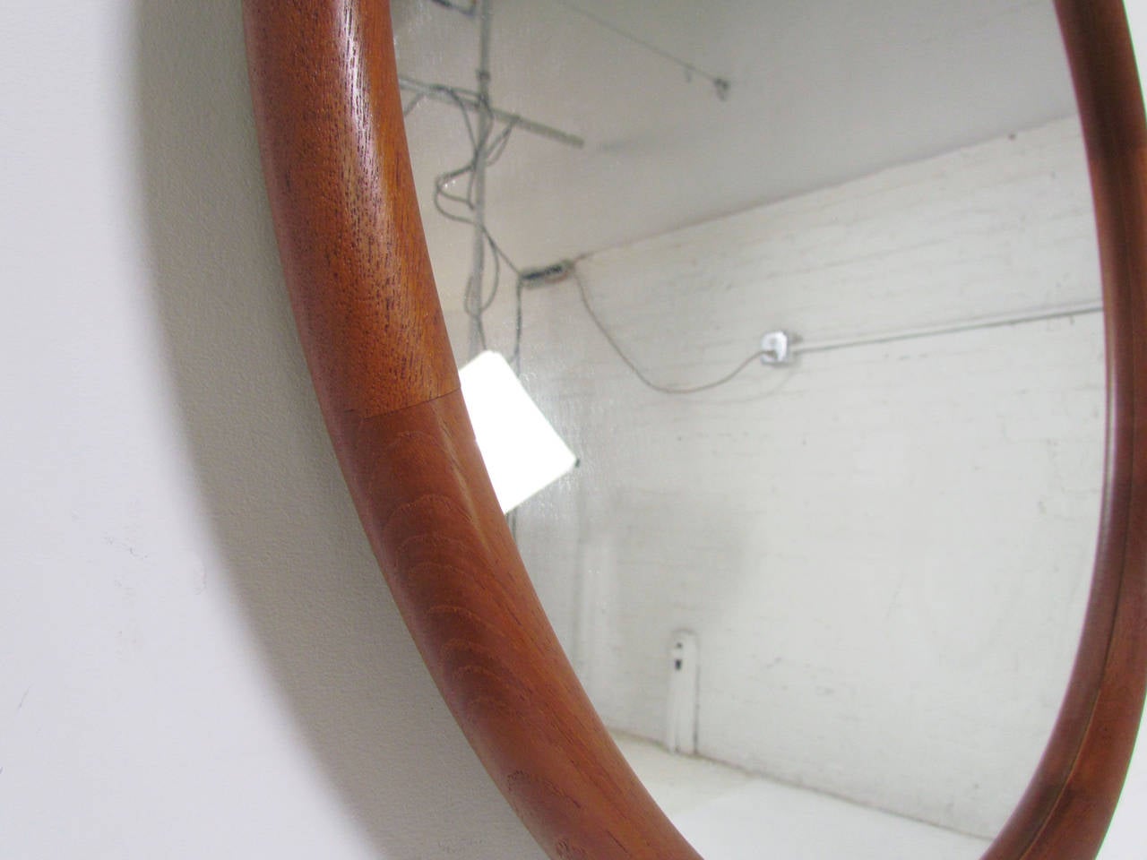 Large Danish Teak Wall Mirror with Leather Strap and Tile Hook In Excellent Condition In Peabody, MA