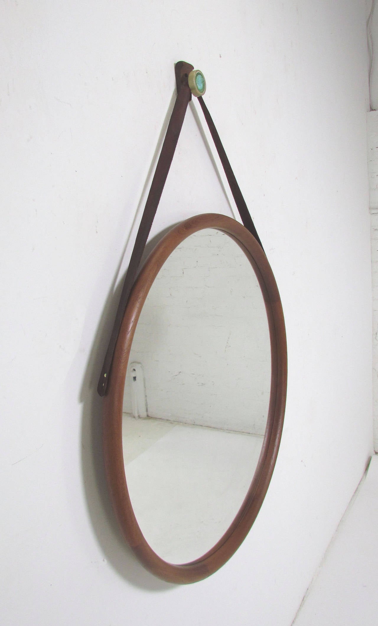 Scandinavian Modern Large Danish Teak Wall Mirror with Leather Strap and Tile Hook