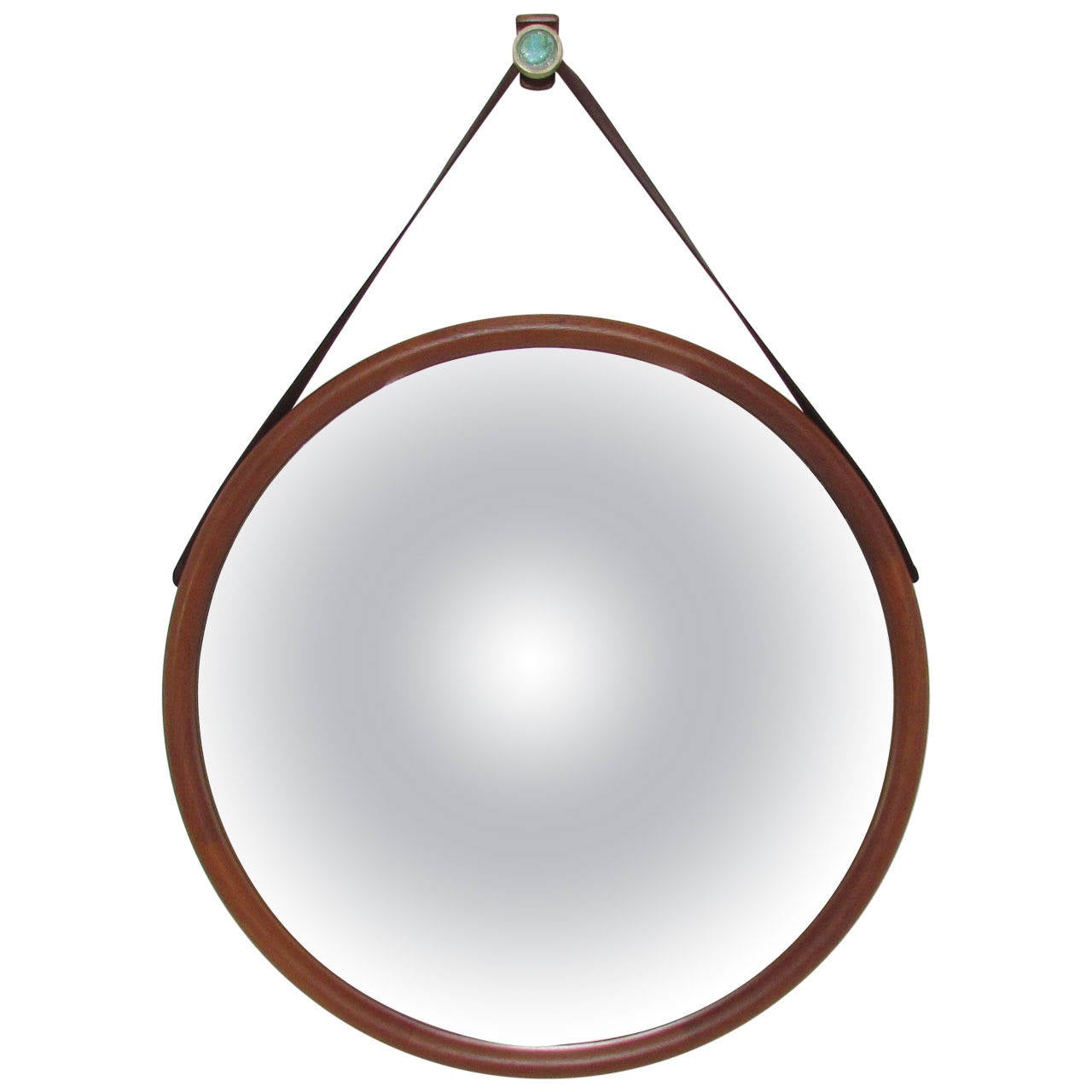 Large Danish Teak Wall Mirror with Leather Strap and Tile Hook at