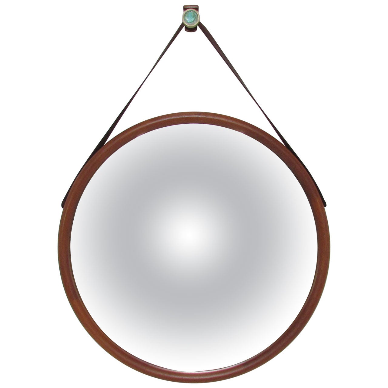 Large Danish Teak Wall Mirror with Leather Strap and Tile Hook