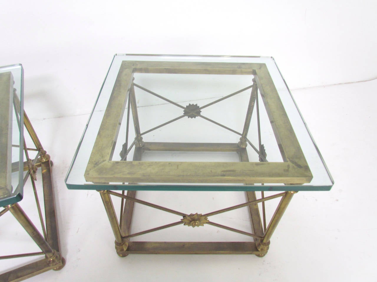 Glass Pair of Hollywood Regency Italian Brass End Tables by Mastercraft