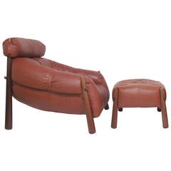 Brazilian Leather and Jacaranda Lounge Chair and Ottoman by Lafer