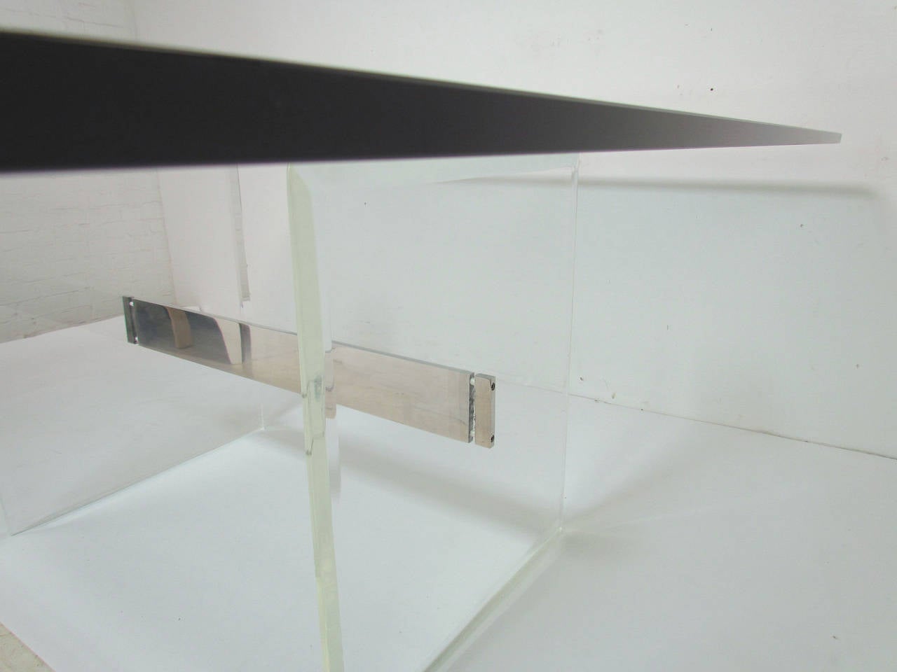 Lucite and Aluminum I-Beam Dining Table with Square Glass Top, circa 1970s In Good Condition In Peabody, MA