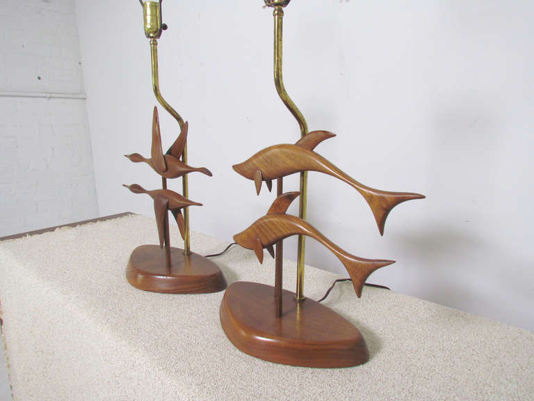 Brass Pair of Carved Wood Sculptural Table Lamps in the Manner of Yasha Heifetz