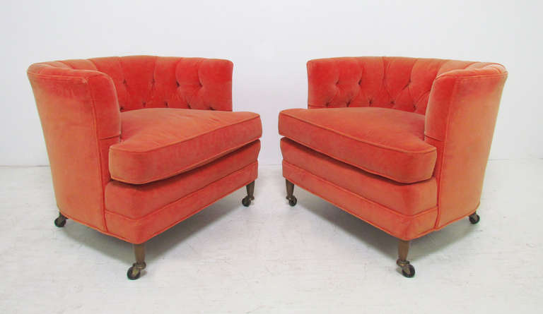 Pair of barrel form lounge chairs with tufted backs by Schoonbeck / Henredon.  Original velvet upholstery.