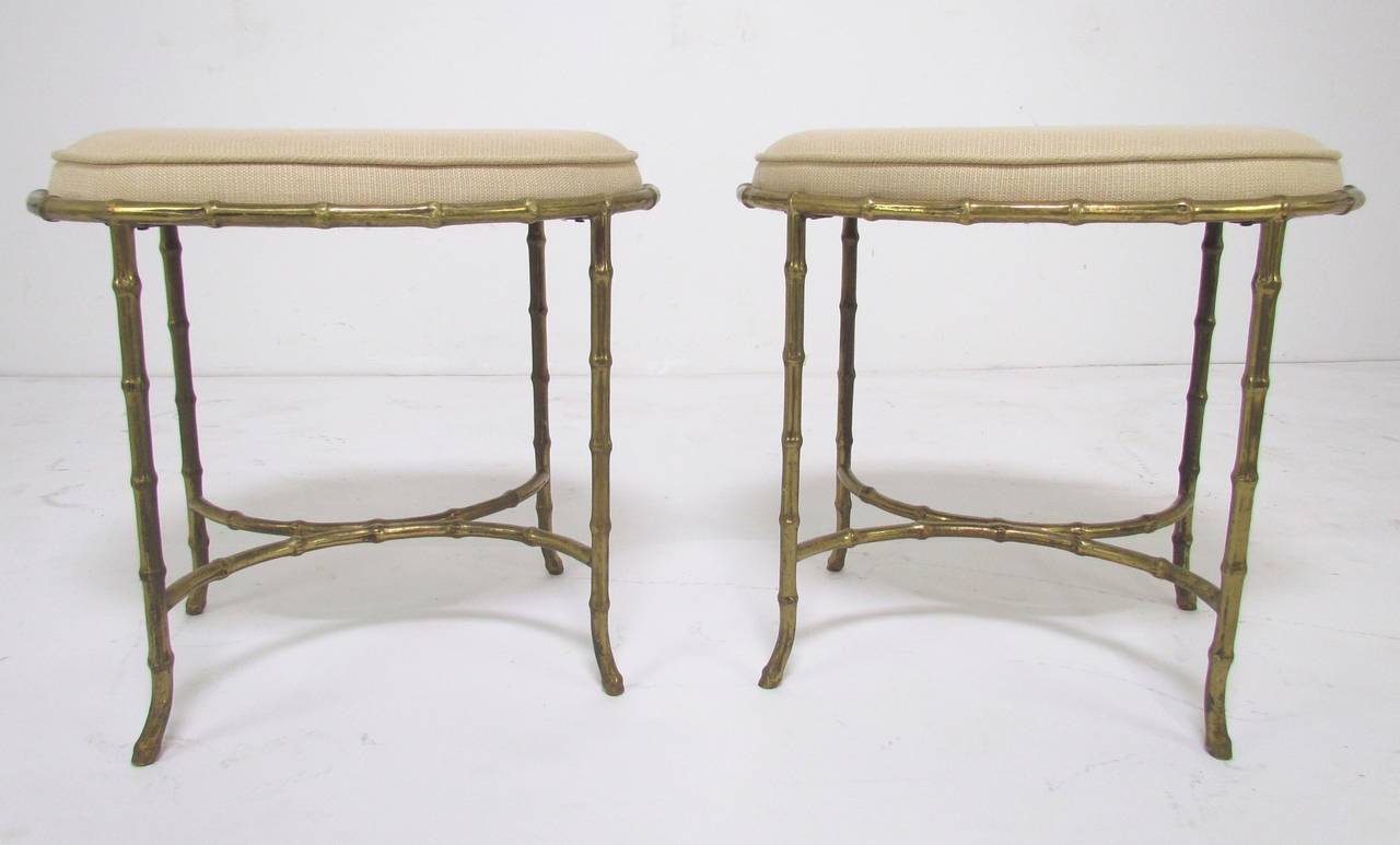 Pair of Hollywood Regency Maison Bagues Solid Bronze Faux Bamboo Stools