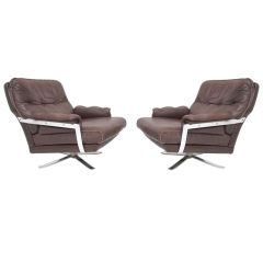 Pair of Leather & Chrome Swivel Lounge Chairs by Arne Norell
