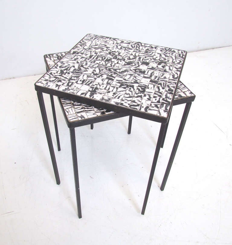 Wrought Iron Modernist Black & White Tile Occasional Tables ca. 1960s