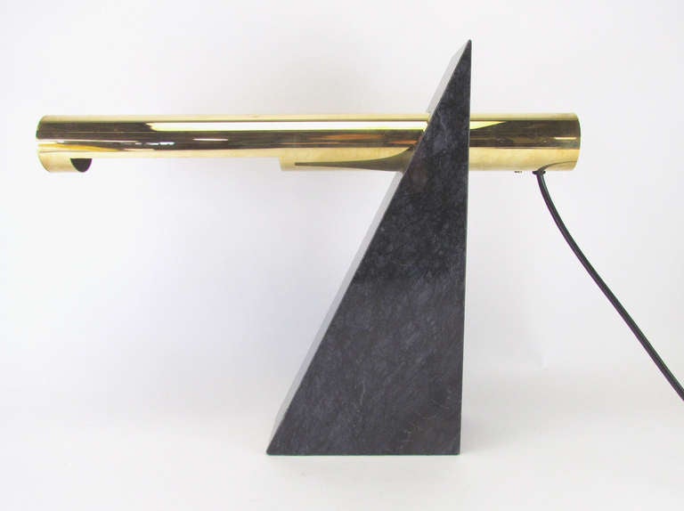 Cantilever desk lamp with marble base and pivoting adjustable shade in brass, by Robert Sonneman.