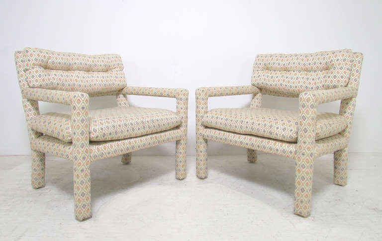 Pair of rectilinear open arm and open back lounge chairs.   Original period  Brunschwig & Fils fabric in remarkable state of preservation.  

Makers tags no longer affixed, but most likely by Milo Baughman for Thayer Coggin ca. mid-1970s.