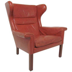 Rare Wingback Lounge Chair in Leather by Hans Wegner