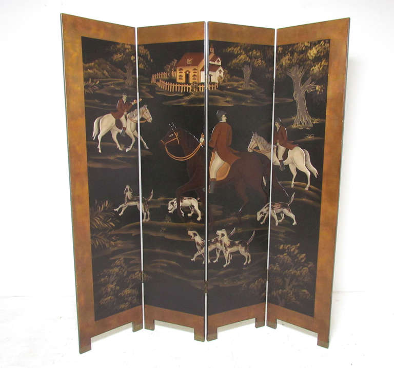 Four panel room divider screen with raised relief painted fox hunt scene.  Riders on horse back, with foxhounds at their feet, and a country house in the background. Border of amber lacquered gold leafing, brass sabots.

Each panel is 16