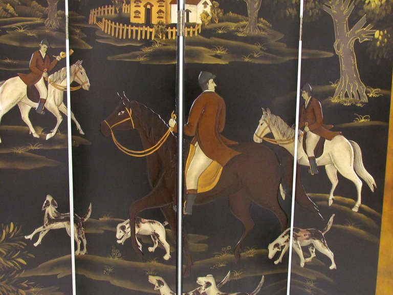 Hollywood Regency Four Panel Screen Room Divider with Fox Hunt & Horses Motif