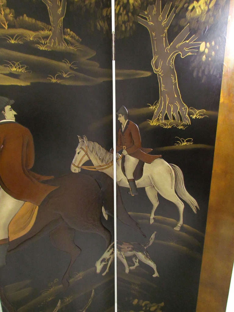 Four Panel Screen Room Divider with Fox Hunt & Horses Motif In Good Condition In Peabody, MA